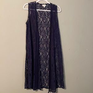 Small Bohemian LulaRoe navy blue lace sleeveless open maxi vest duster